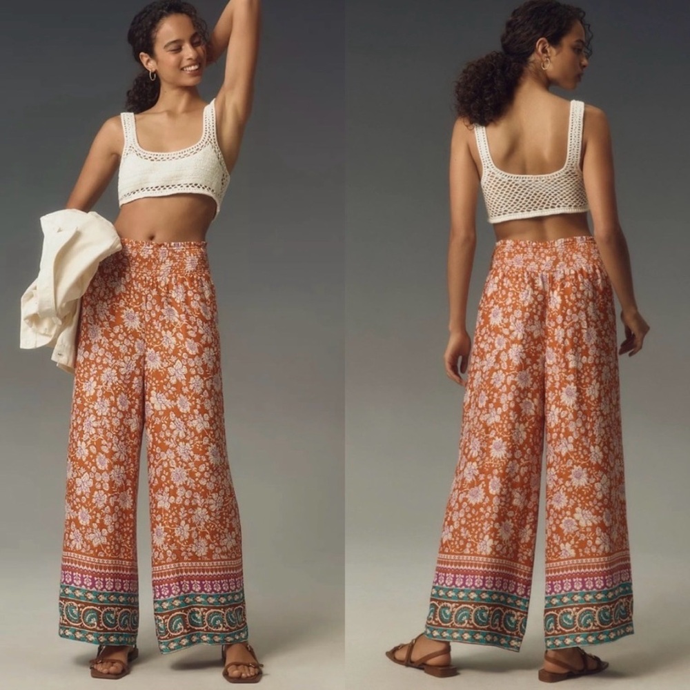 Anthropologie Maeve Orange Floral Wide-Leg Border Print Pants